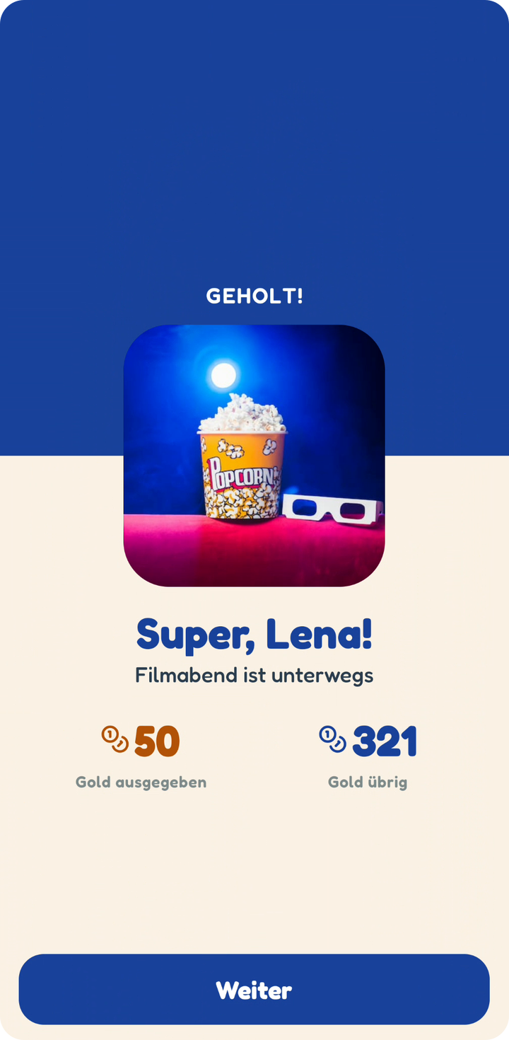 Ein Kind hält das Geschenk auf dem Filmabend-Bildschirm, der Deckel fliegt weg und die Belohnung steigt unter GEHOLT! heraus