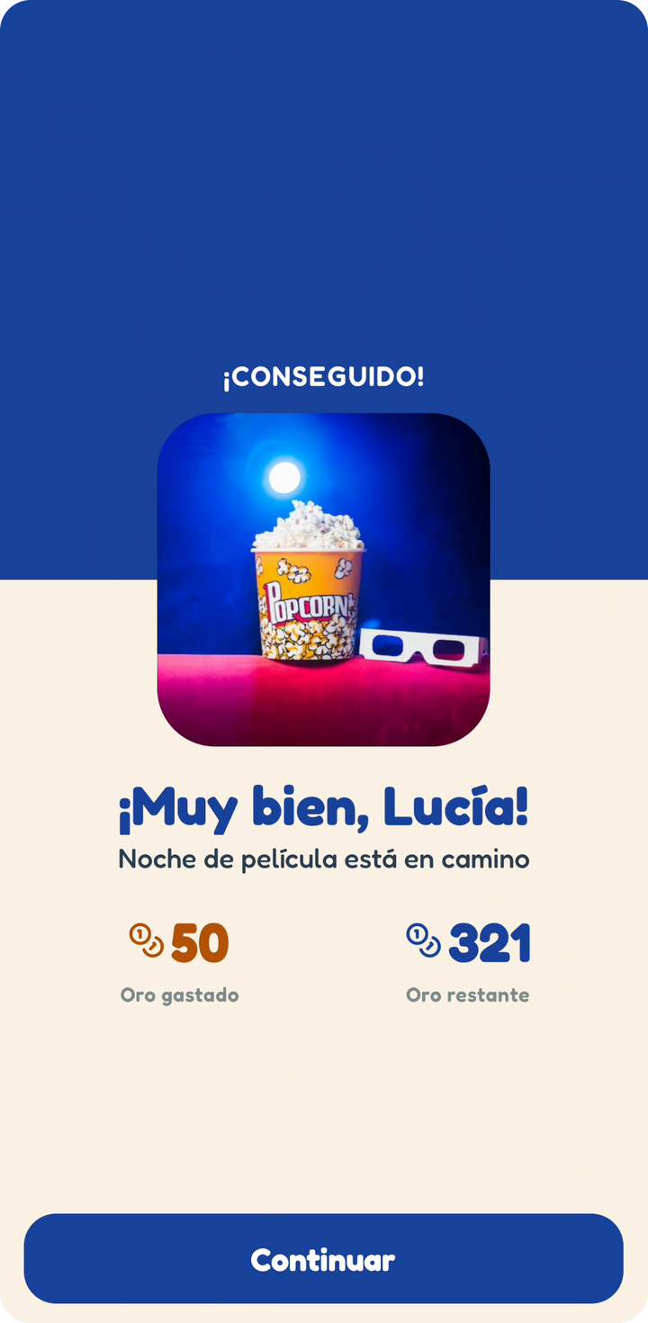 Un niño mantiene pulsado el regalo en la pantalla de Noche de película, la tapa sale volando y la recompensa sube bajo ¡CONSEGUIDO!