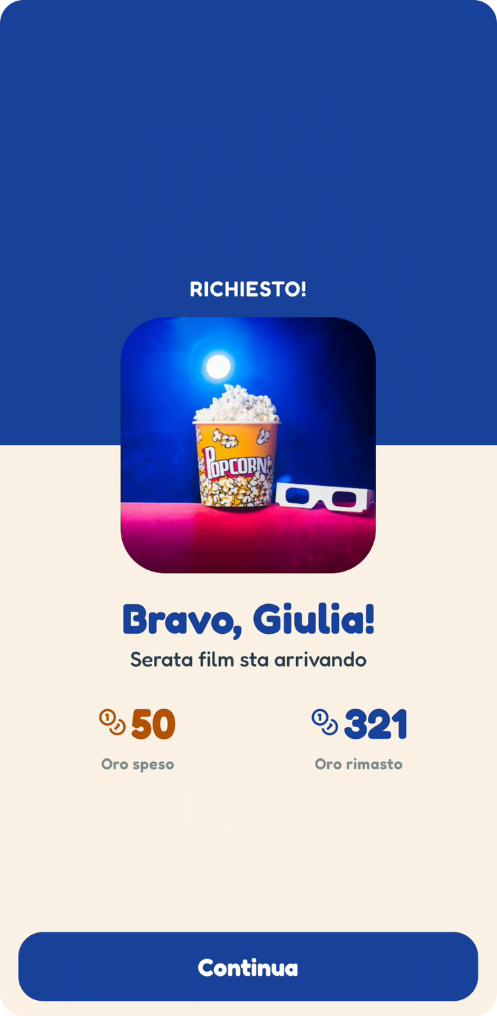 Un bambino tiene premuto il regalo sulla schermata Serata film, il coperchio vola via e la ricompensa sale sotto RICHIESTO!