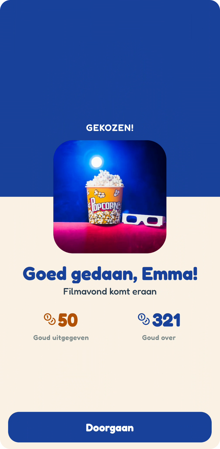 Een kind houdt het cadeau ingedrukt op het scherm Filmavond, het deksel vliegt eraf en de beloning stijgt op onder GEKOZEN!