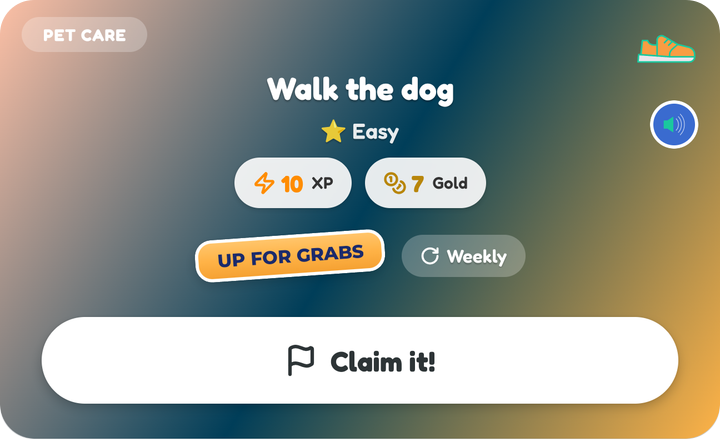 An Up For Grabs card on a child's Quest Board, Walk the dog, with its Claim it! button