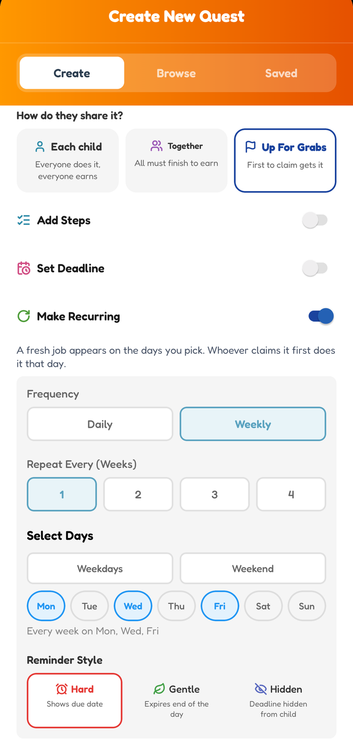The create screen with Up For Grabs selected and a weekly repeat on Monday, Wednesday and Friday