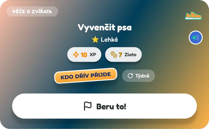 Karta Kdo dřív přijde na nástěnce dítěte, Vyvenčit psa, s tlačítkem Beru to!