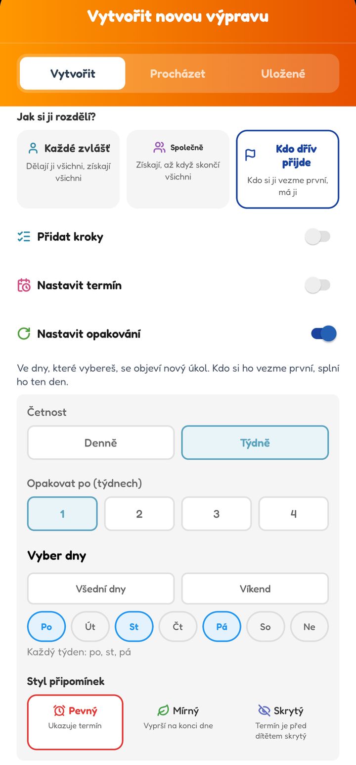 Obrazovka vytvoření s vybraným Kdo dřív přijde a týdenním opakováním v pondělí, středu a pátek