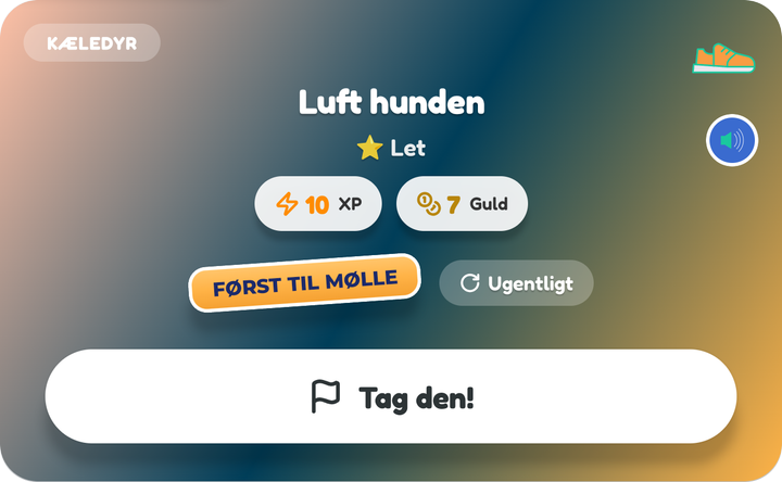Et Først til mølle-kort på et barns tavle, Luft hunden, med knappen Tag den!