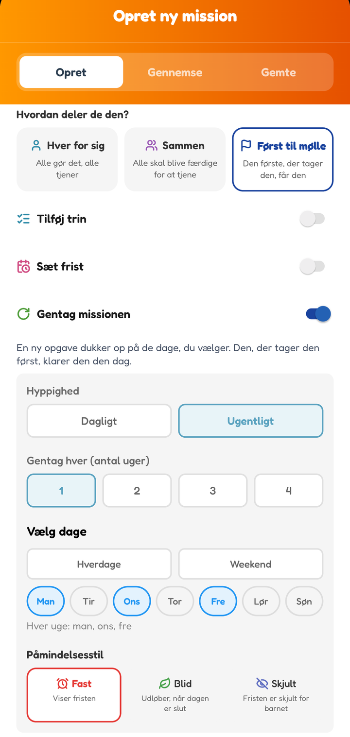 Opret-skærmen med Først til mølle valgt og en ugentlig gentagelse mandag, onsdag og fredag