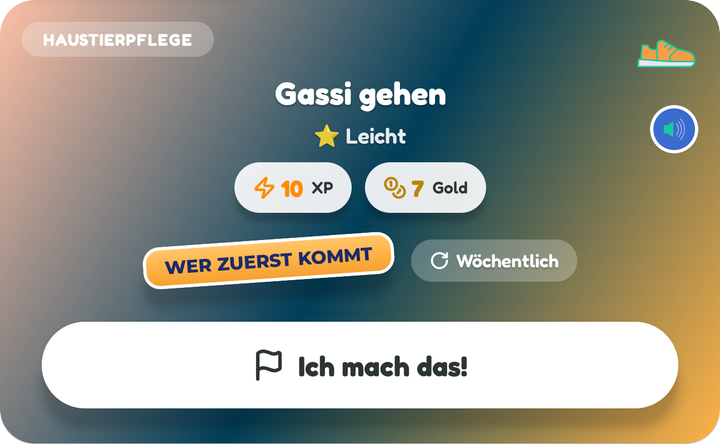 Eine Wer-zuerst-kommt-Karte auf dem Board eines Kindes, Gassi gehen, mit dem Button Ich mach das!
