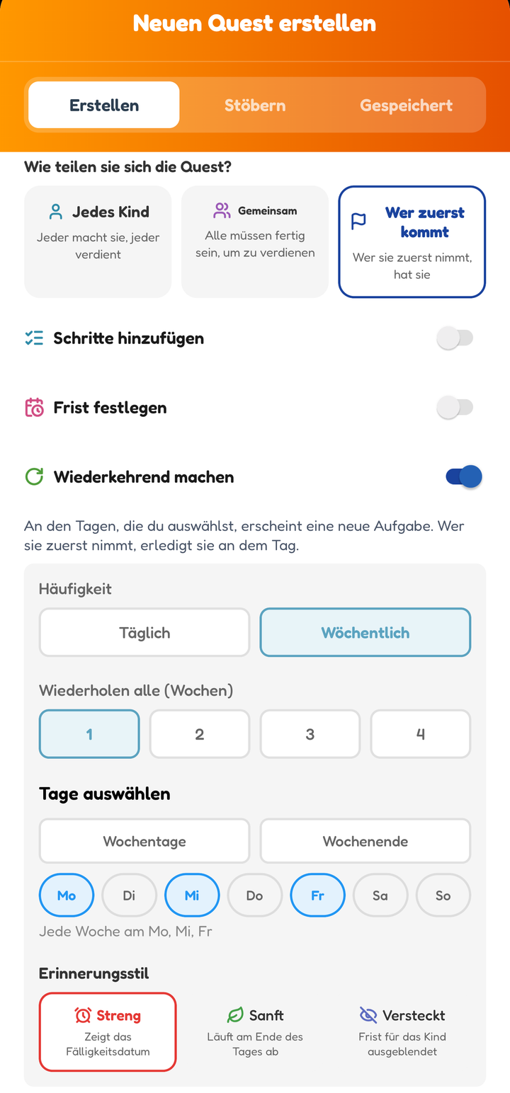 Der Erstellen-Bildschirm mit Wer zuerst kommt und einer wöchentlichen Wiederholung am Montag, Mittwoch und Freitag