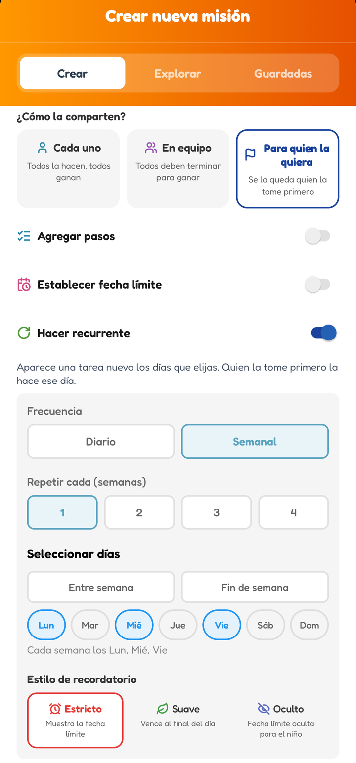 La pantalla de crear con Para quien la quiera seleccionado y una repetición semanal los lunes, miércoles y viernes