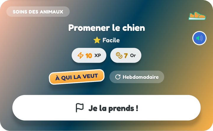 Une carte À qui la veut sur le tableau d'un enfant, Promener le chien, avec son bouton Je la prends !