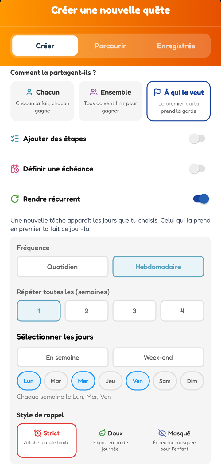 L'écran de création avec À qui la veut sélectionné et une répétition chaque semaine le lundi, le mercredi et le vendredi