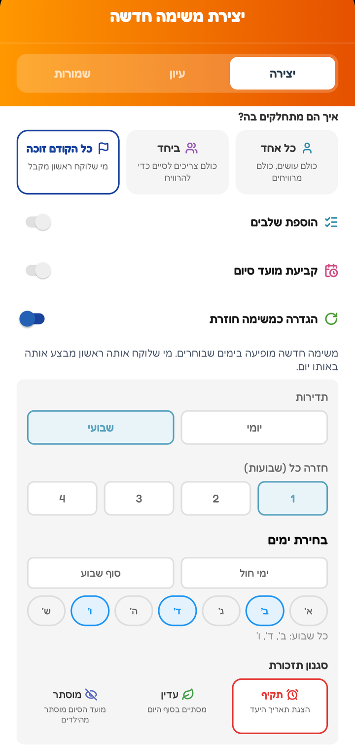 מסך היצירה עם כל הקודם זוכה מסומן וחזרה שבועית בימים שני, רביעי ושישי