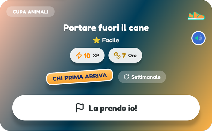Una scheda Chi prima arriva sulla bacheca di un bambino, Portare fuori il cane, con il pulsante La prendo io!