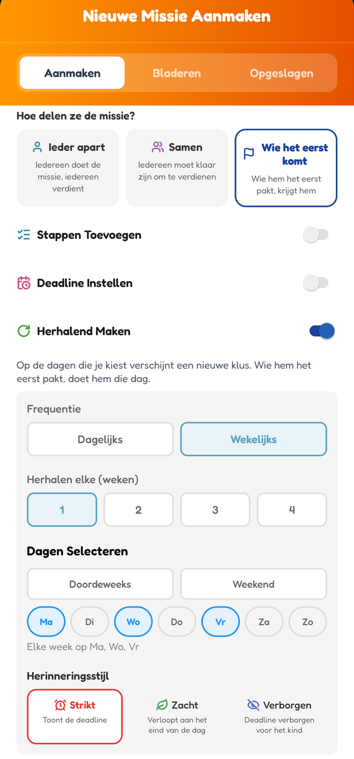 Het maakscherm met Wie het eerst komt gekozen en een wekelijkse herhaling op maandag, woensdag en vrijdag