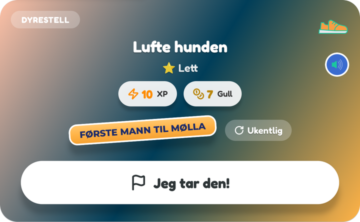 Et Første mann til mølla-kort på et barns tavle, Lufte hunden, med knappen Jeg tar den!