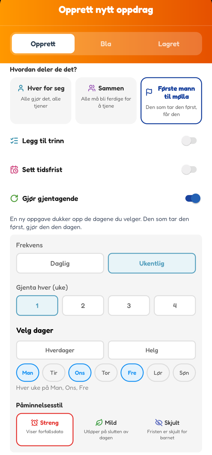 Opprett-skjermen med Første mann til mølla valgt og en ukentlig gjentakelse mandag, onsdag og fredag