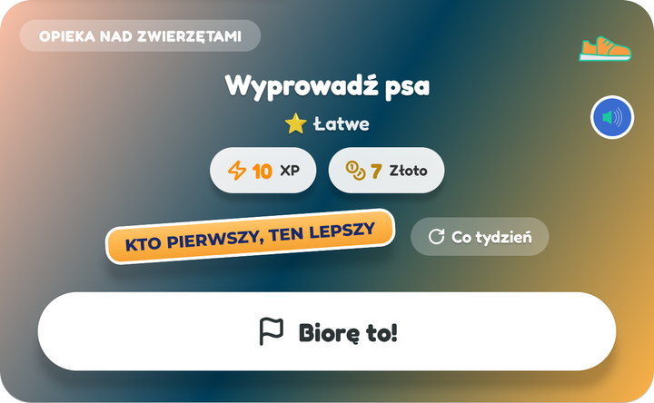Karta Kto pierwszy, ten lepszy na tablicy dziecka, Wyprowadź psa, z przyciskiem Biorę to!