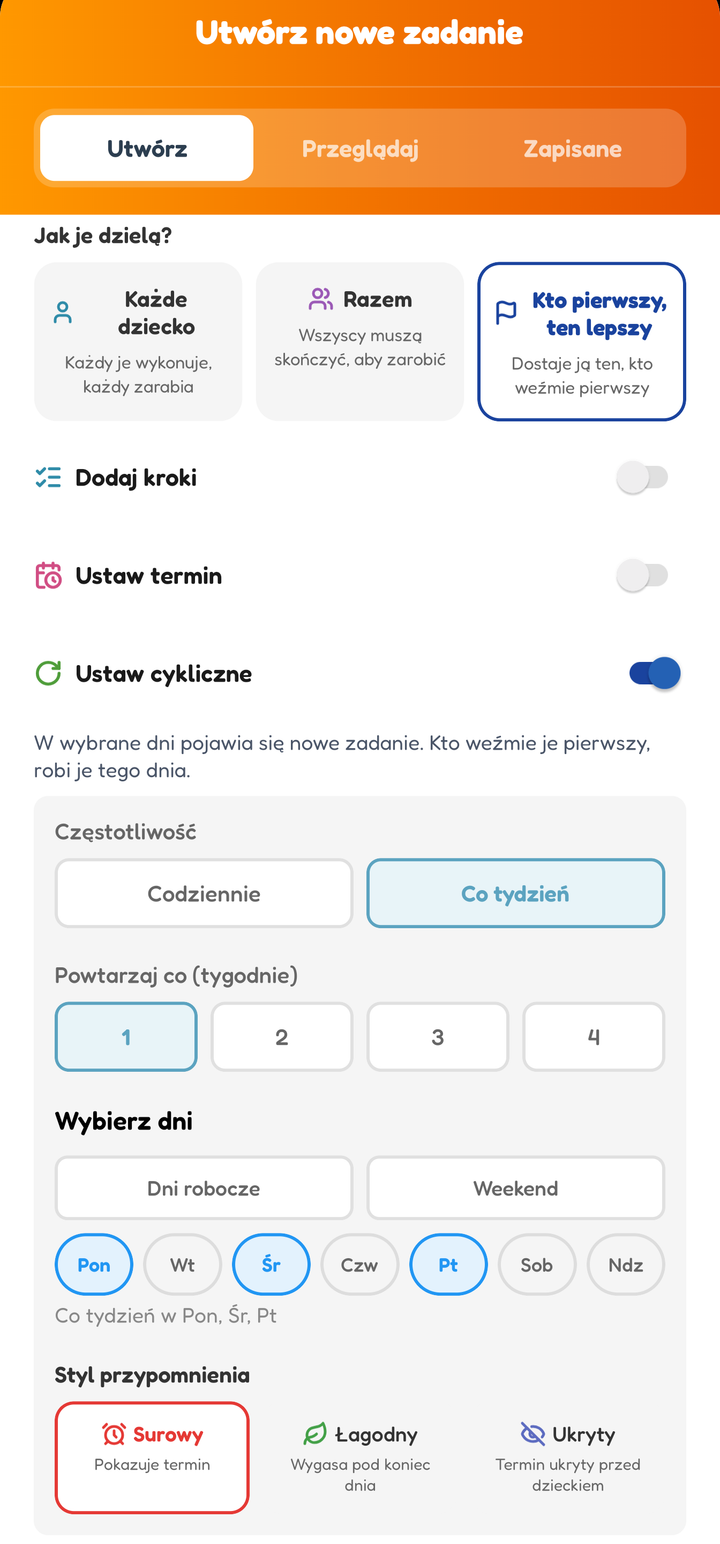 Ekran tworzenia z wybraną opcją Kto pierwszy, ten lepszy i powtarzaniem co tydzień w poniedziałek, środę i piątek