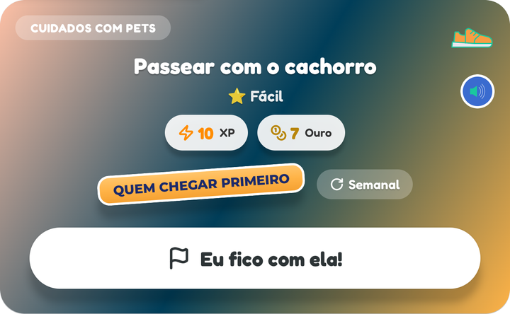 Um cartão Quem chegar primeiro no quadro de uma criança, Passear com o cachorro, com o botão Eu fico com ela!