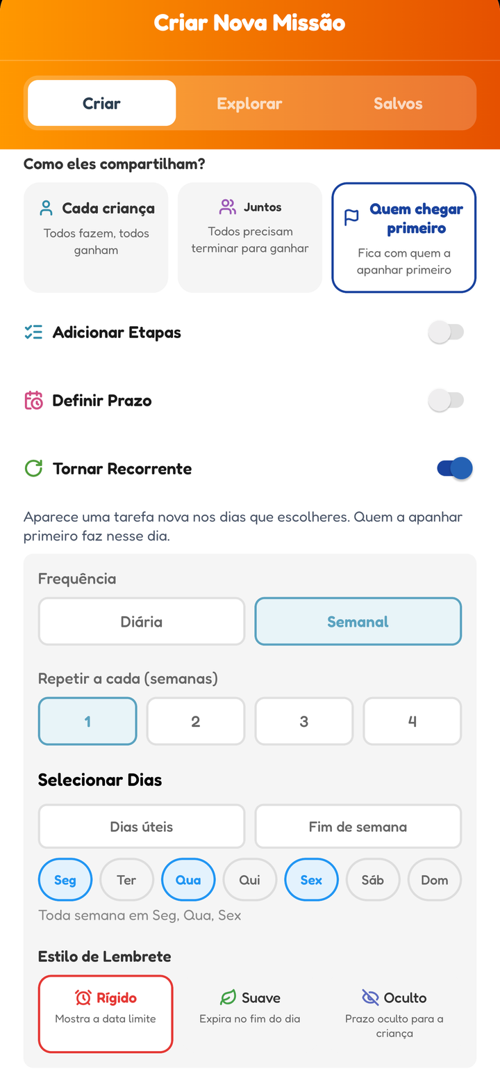 A tela de criação com Quem chegar primeiro selecionado e repetição semanal na segunda, quarta e sexta