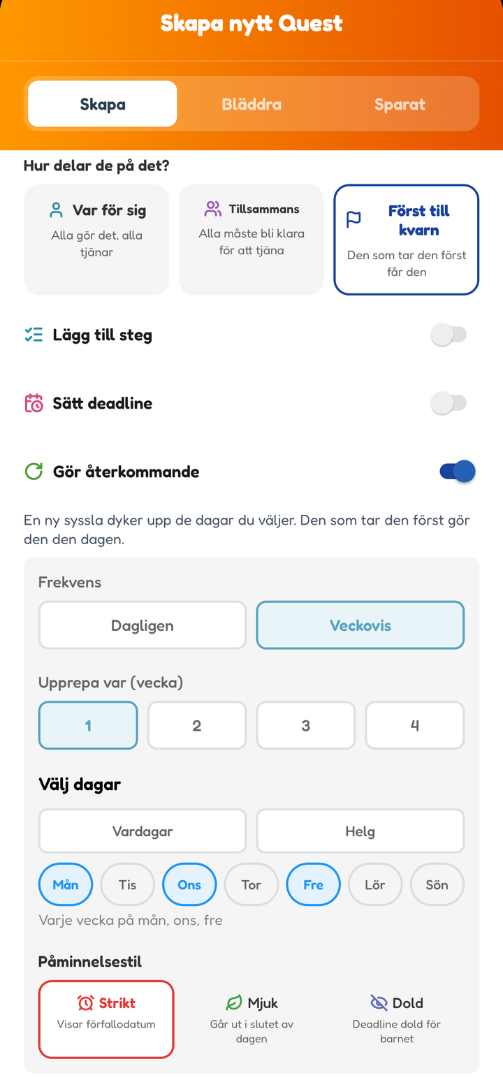Skapa-skärmen med Först till kvarn valt och en veckovis upprepning på måndag, onsdag och fredag