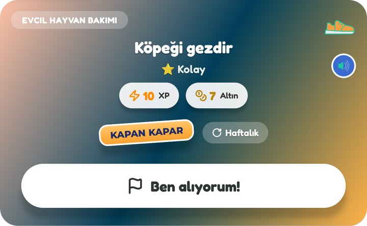 Bir çocuğun görev panosunda Köpeği gezdir adlı Kapan kapar kartı ve Ben alıyorum! düğmesi