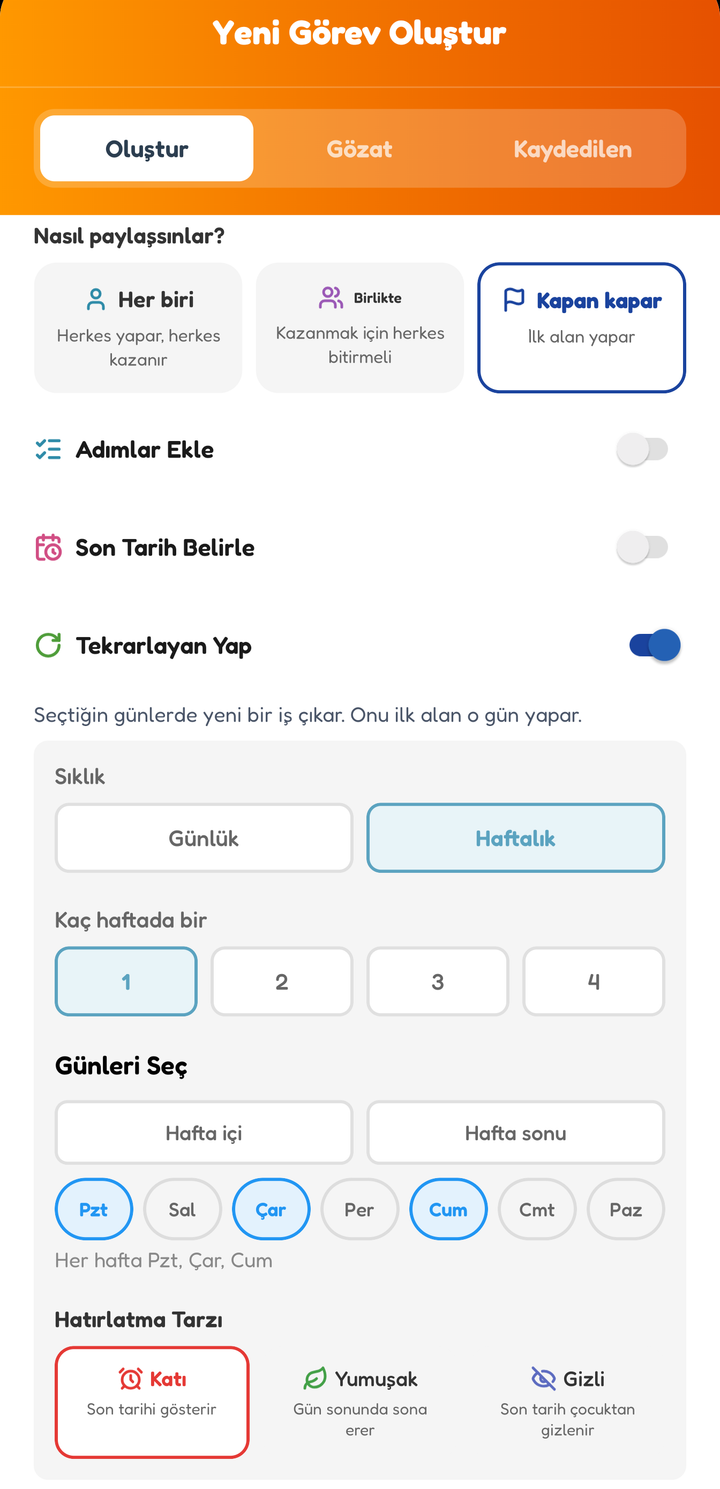 Kapan kapar seçili ve pazartesi, çarşamba ve cuma günleri haftalık tekrarlanan görev oluşturma ekranı