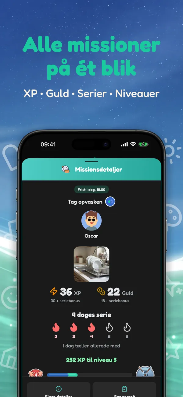Alle missioner på ét blik. XP • Guld • Serier • Niveauer