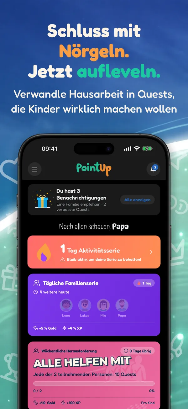 Schluss mit Nörgeln. Jetzt aufleveln. Verwandle Hausarbeit in Quests, die Kinder wirklich machen wollen