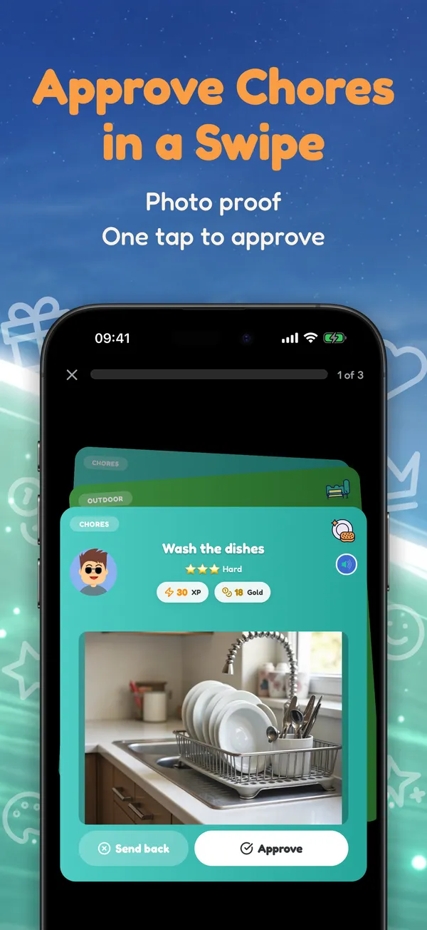 Approve Chores in a Swipe. Photo proof • One tap to approve