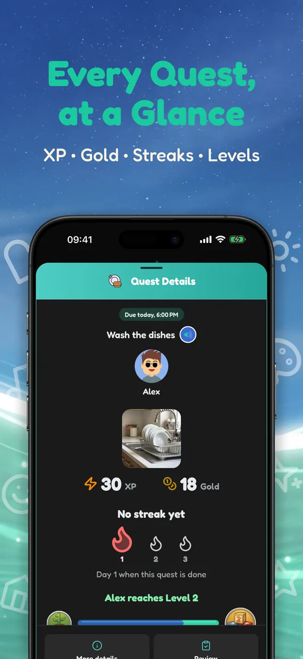 Every Quest, at a Glance. XP • Gold • Streaks • Levels