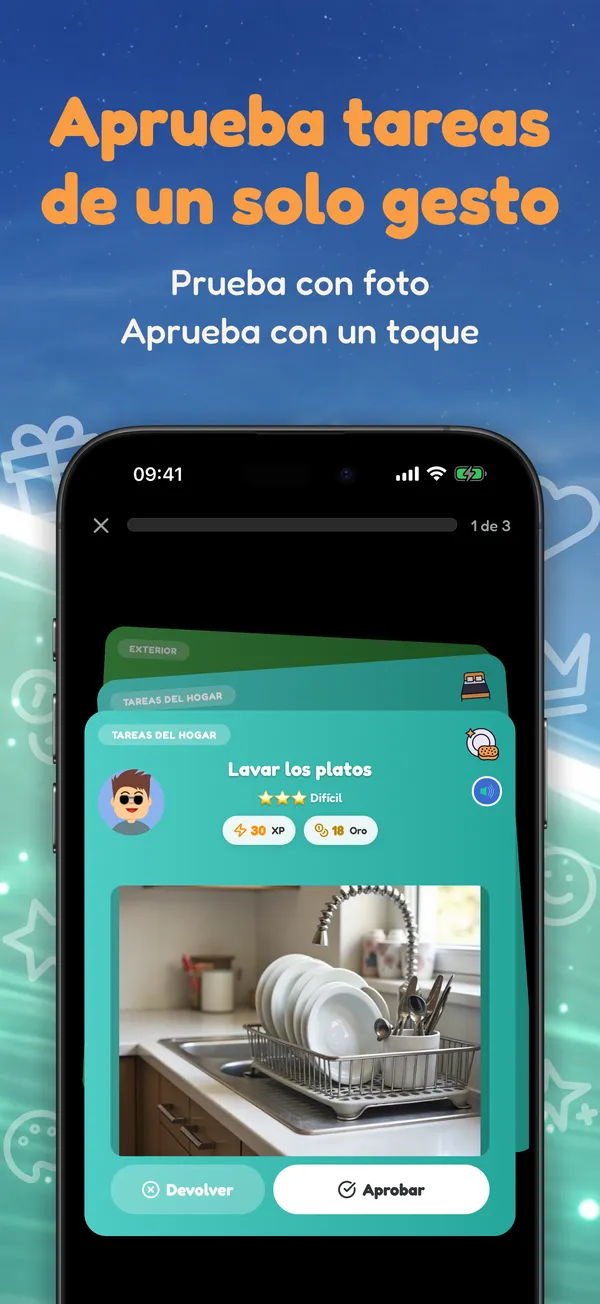 Aprueba tareas de un solo gesto. Prueba con foto • Aprueba con un toque