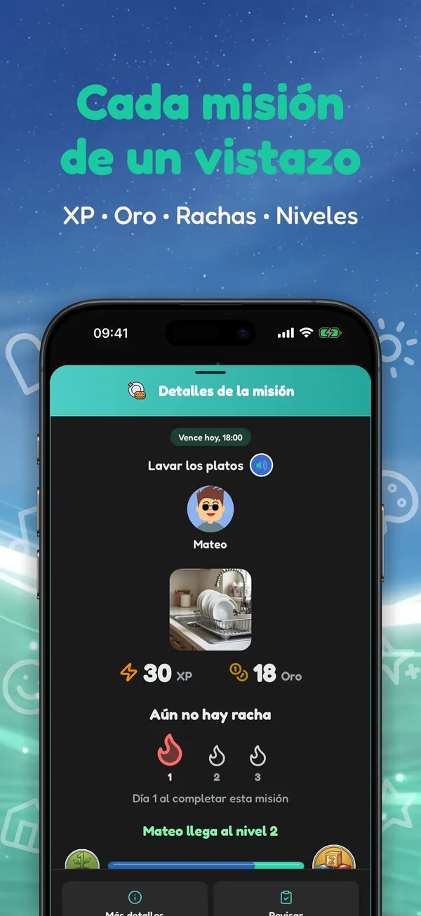 Cada misión de un vistazo. XP • Oro • Rachas • Niveles