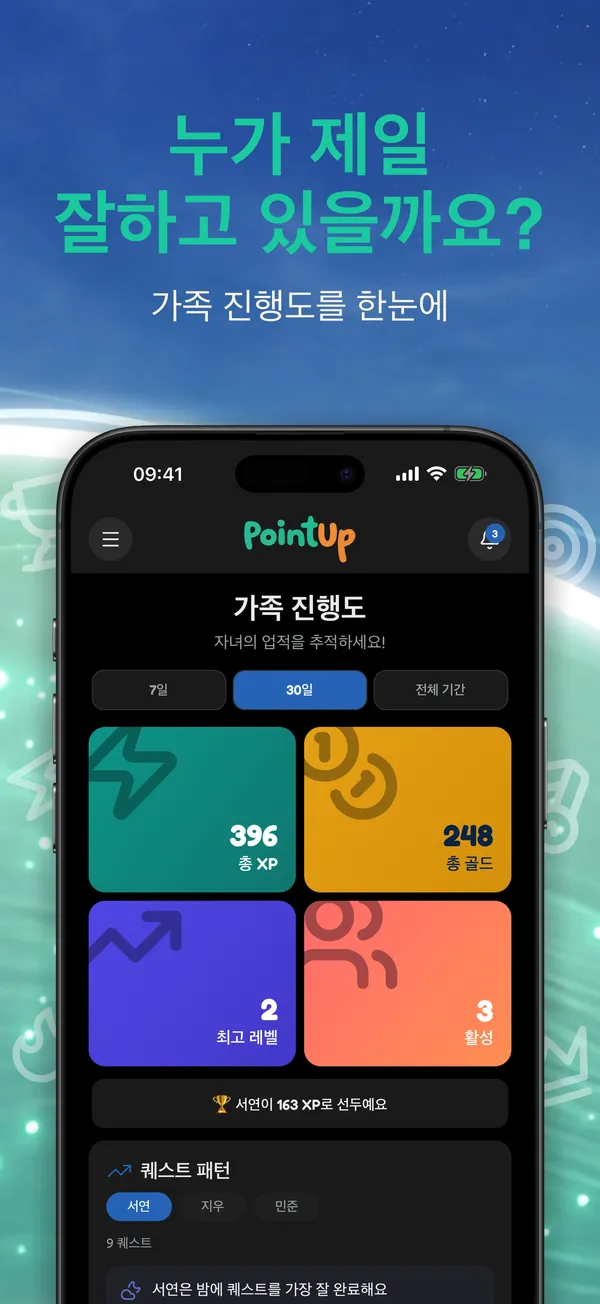 누가 제일 잘하고 있을까요? 가족 진행도를 한눈에