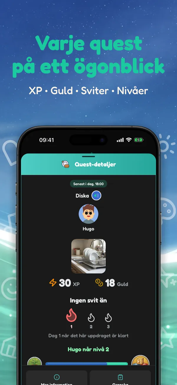 Varje quest på ett ögonblick. XP • Guld • Sviter • Nivåer